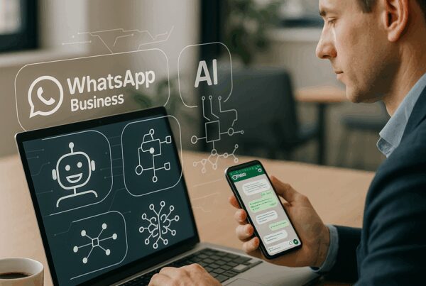 A professional using a laptop and smartphone to connect AI with WhatsApp Business for enhanced communication.