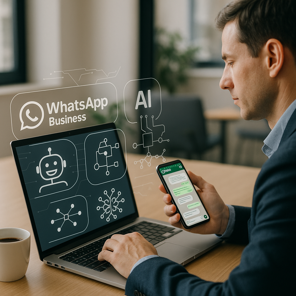 Un professionnel utilisant un ordinateur portable et un smartphone pour connecter l'IA à WhatsApp Business pour une communication améliorée.