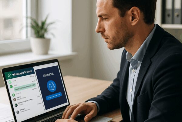 A businessman in a suit using a laptop with a focus on WhatsApp Business and AI chatbot applications. The setting is a modern office with natural light and green plants.