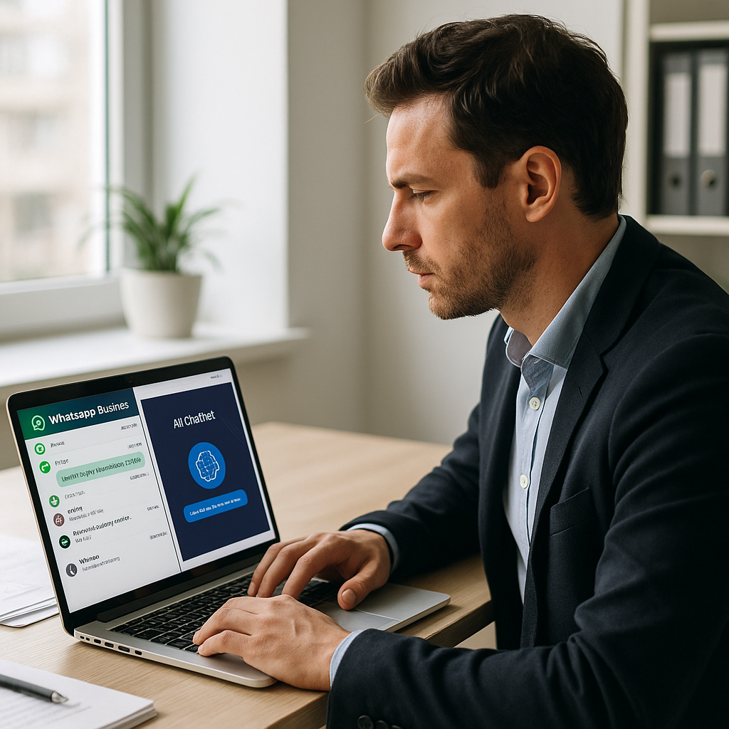 Un homme d'affaires en costume utilise un ordinateur portable, notamment WhatsApp Business et des applications de chatbots IA. Le décor est un bureau moderne baigné de lumière naturelle et agrémenté de plantes vertes.