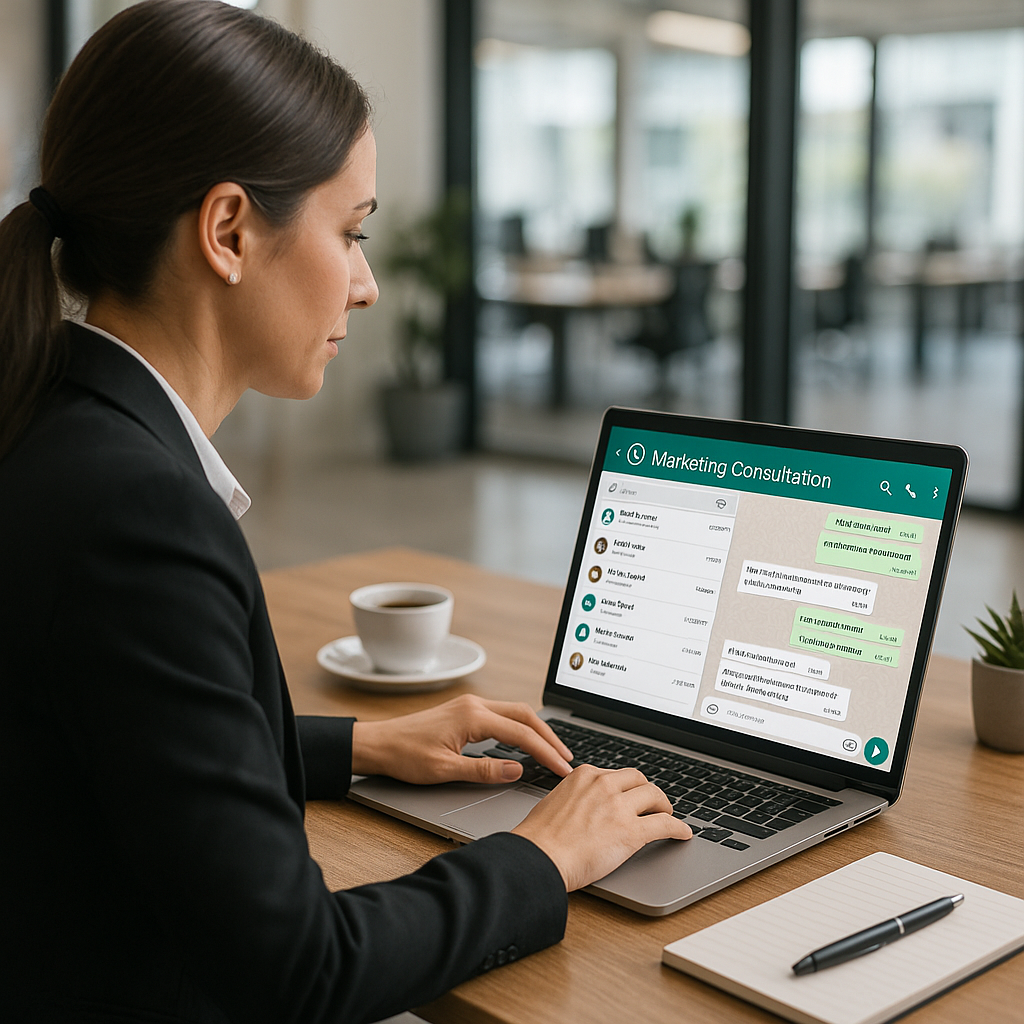 Une femme d'affaires engagée dans un appel vidéo axé sur la consultation marketing dans un environnement de bureau moderne.
