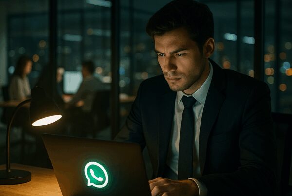 Un hombre profesional que trabaja hasta altas horas de la noche en una oficina, concentrado en su computadora portátil que muestra el logotipo de WhatsApp.