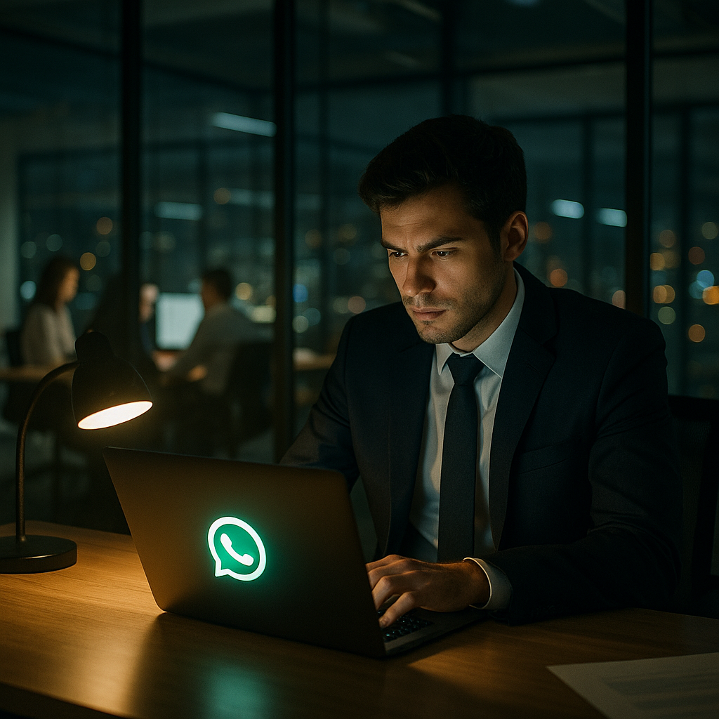 Un homme professionnel travaillant tard le soir dans un bureau, concentré sur son ordinateur portable affichant le logo WhatsApp.