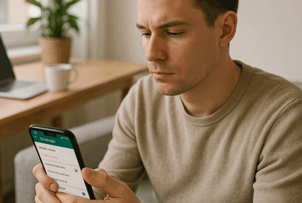 A man sitting indoors, focused on reading something on his smartphone. He appears thoughtful and engaged with the content on his screen.
