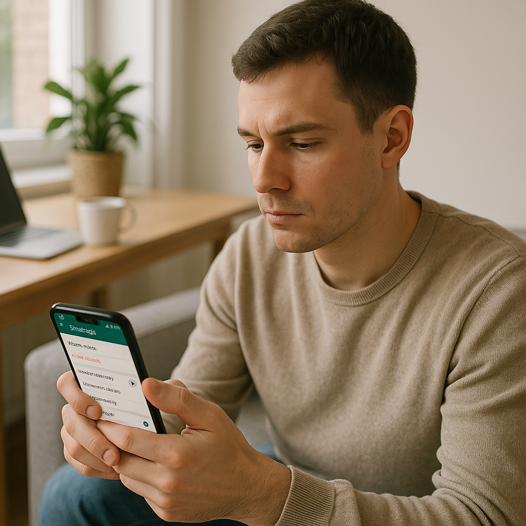 Un homme assis à l'intérieur, concentré sur la lecture de son smartphone, semble pensif et captivé par le contenu affiché sur son écran.