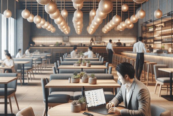 Un profesional trabajando con una computadora portátil en una elegante cafetería con iluminación colgante y un ambiente cálido.