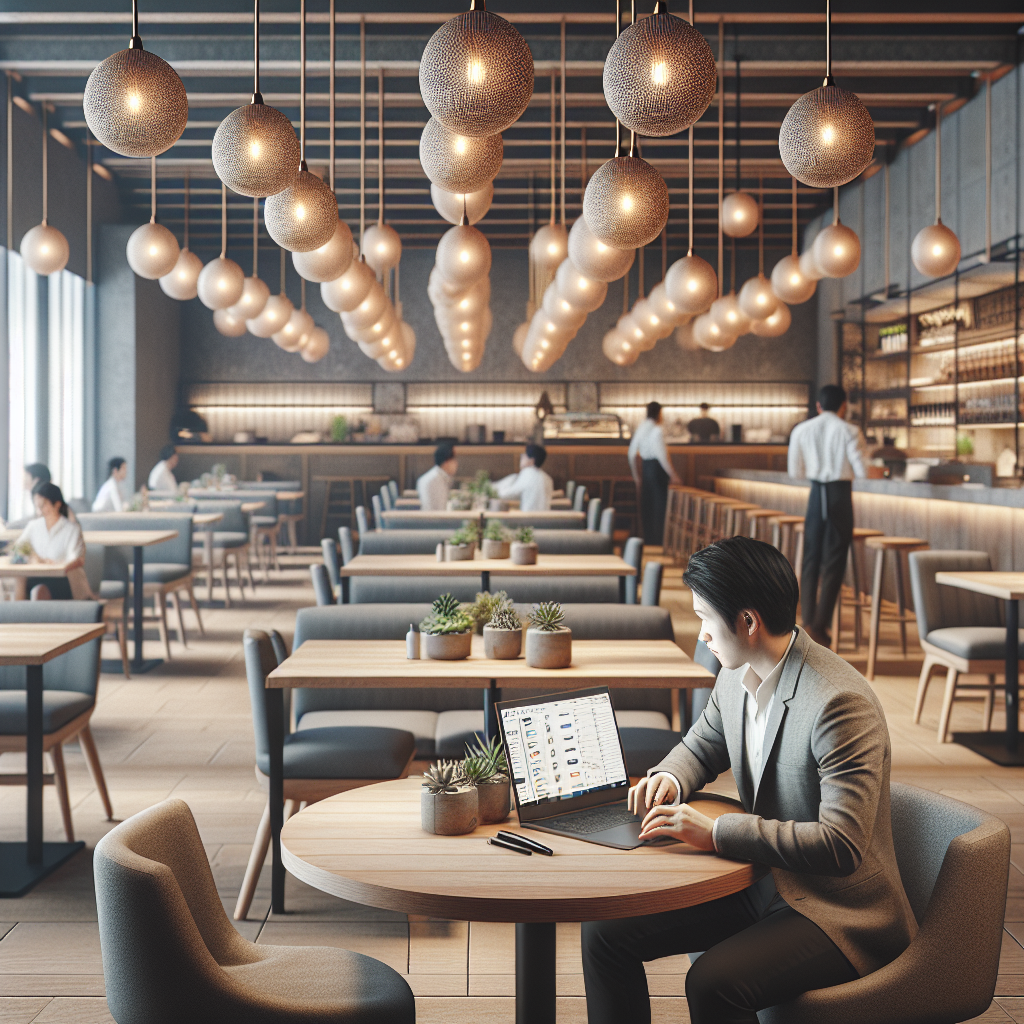 Un professionnel travaillant sur un ordinateur portable dans un café élégant avec un éclairage suspendu et une atmosphère chaleureuse.
