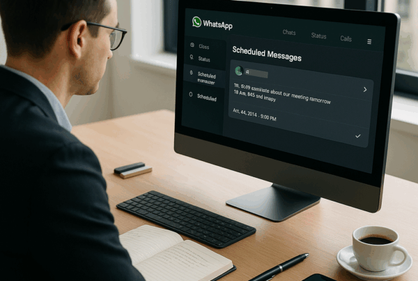 Un profesional que trabaja en un espacio de oficina programando mensajes en WhatsApp usando una computadora de escritorio.