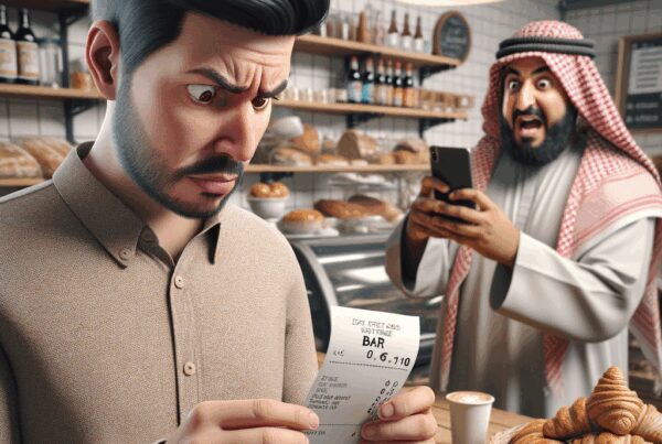 Un homme dans une boulangerie réagit avec choc en vérifiant son reçu, tandis qu'un autre client capture le moment sur son téléphone.
