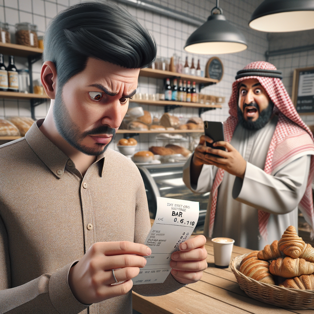 Un homme dans une boulangerie réagit avec choc en vérifiant son reçu, tandis qu'un autre client capture le moment sur son téléphone.