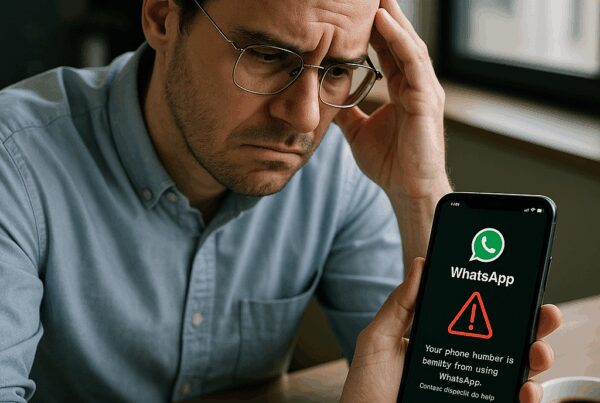 Una persona que parece preocupada mientras sostiene un teléfono inteligente que muestra una notificación de prohibición de WhatsApp.