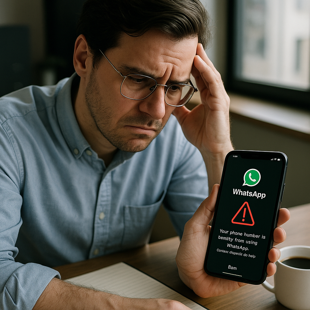 Une personne qui semble inquiète tout en tenant un smartphone affichant une notification d'interdiction de WhatsApp.