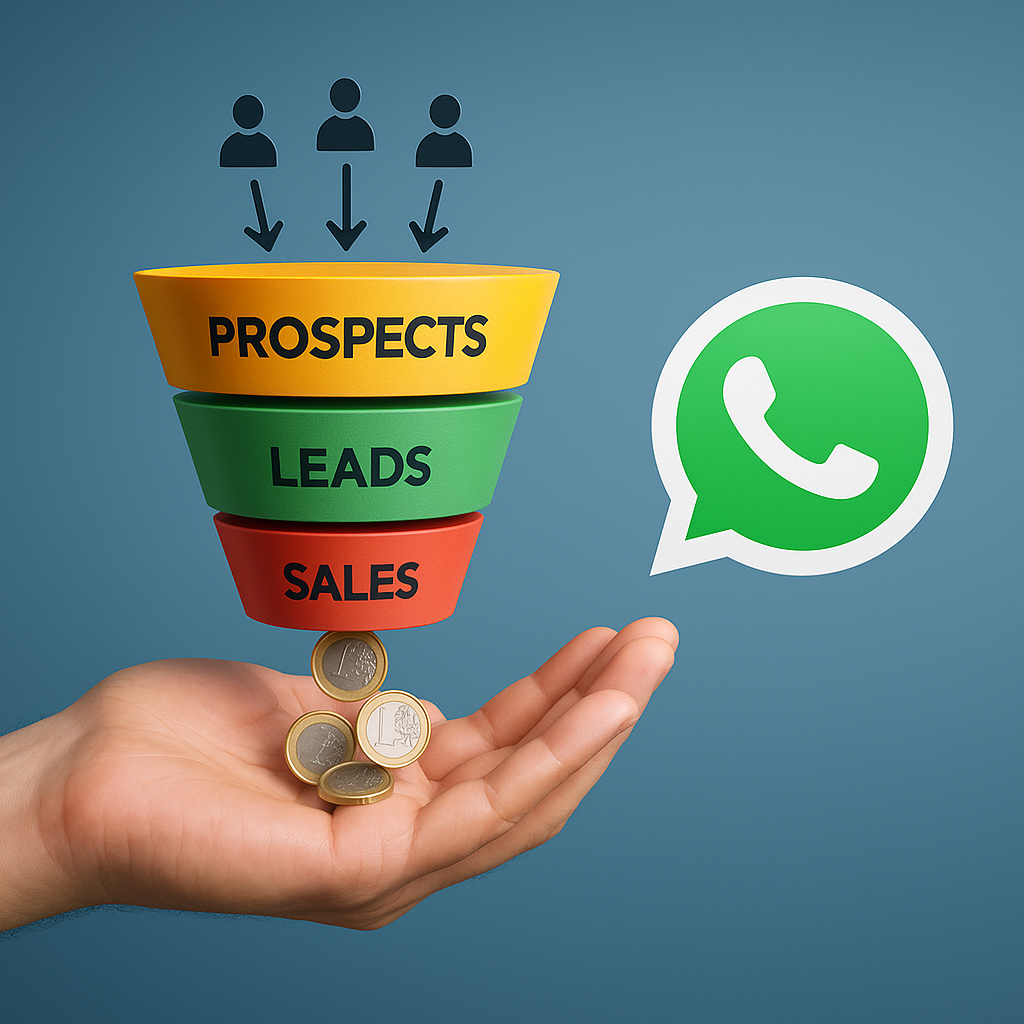 Image d'un entonnoir de vente avec des étapes intitulées Prospects, Leads et Ventes, à côté d'une icône WhatsApp, symbolisant la communication dans le marketing.