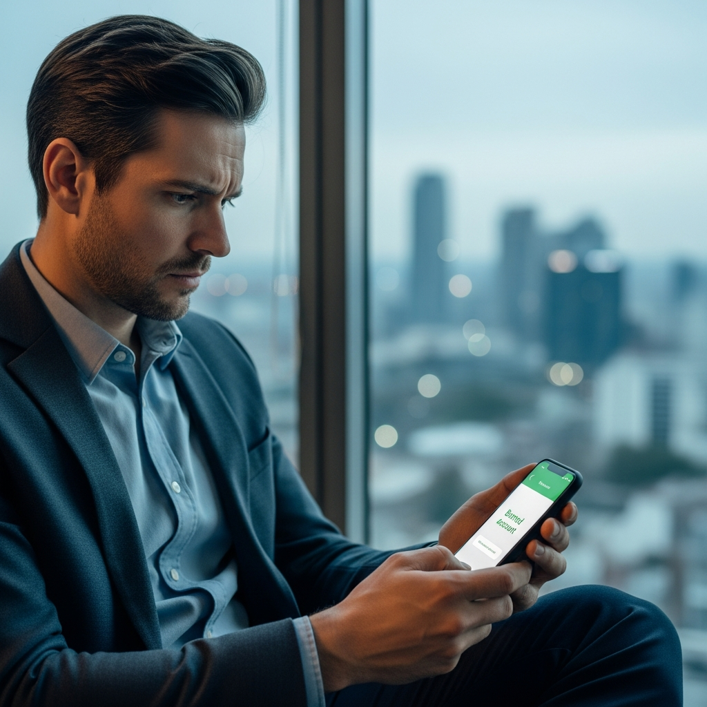 - Un spécialiste du marketing est assis dans un bureau moderne, l'air préoccupé par un compte WhatsApp banni ou