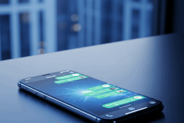 -        in the  A modern high-end smartphone on a sleek desk with a WhatsApp conversation on screen