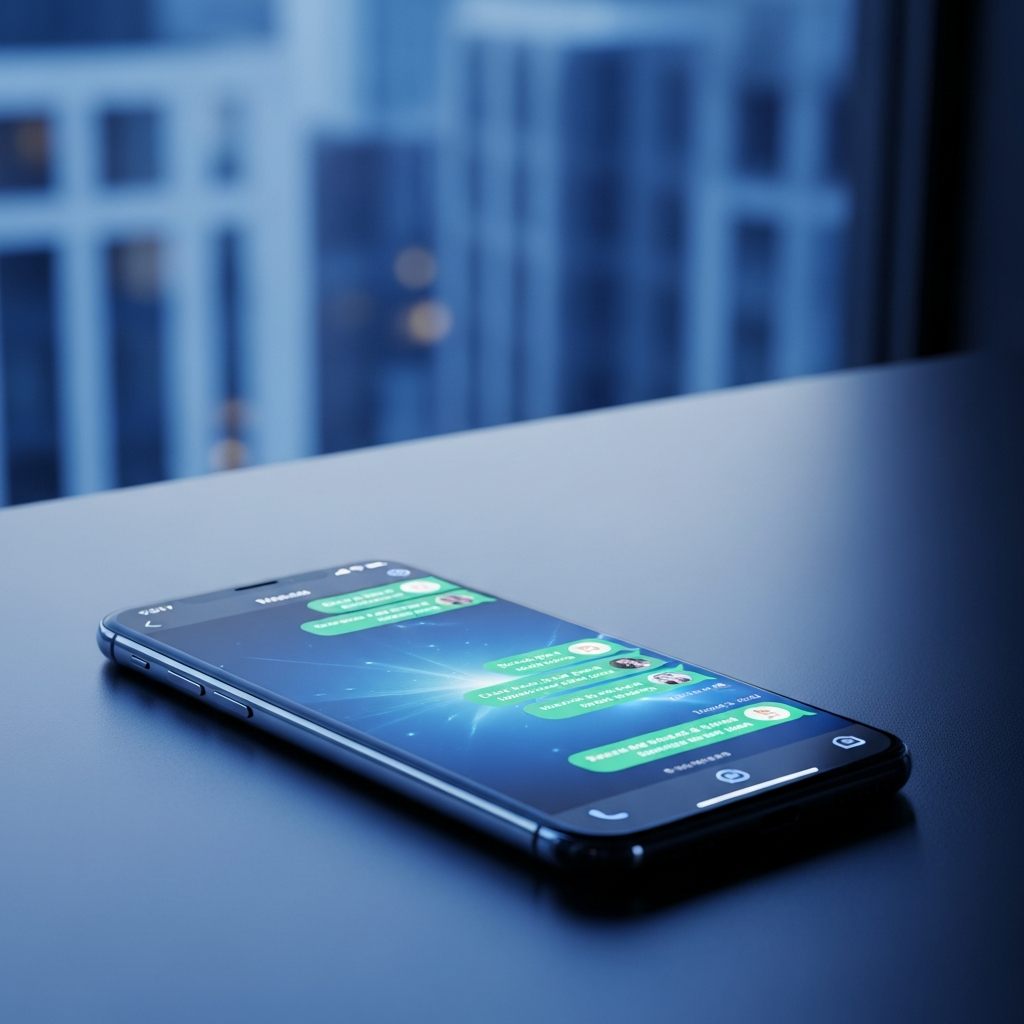 - Un smartphone haut de gamme moderne posé sur un bureau élégant, avec une conversation WhatsApp affichée à l'écran