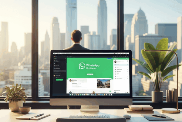 - in einem modernen Büro mit einem Desktop-Computer, auf dessen Bildschirm WhatsApp Business angezeigt wird