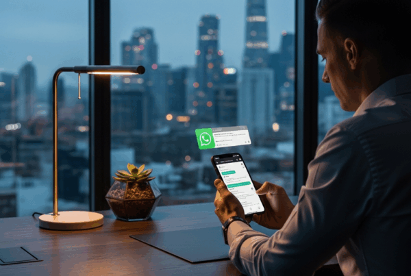 - in the A modern office with a sitting at a desk looking at a smartphone with WhatsApp open