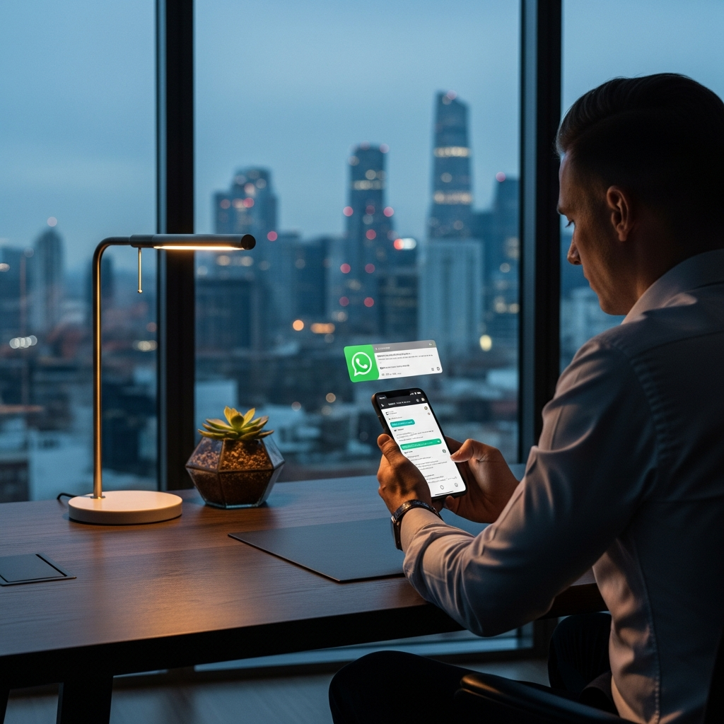-        in the  A modern office with a sitting at a desk looking at a smartphone with WhatsApp open