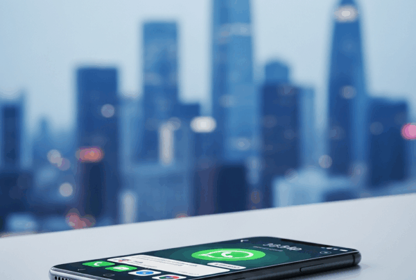 -        in the  A modern sleek smartphone on a minimalist desk with a blurred cityscape background
