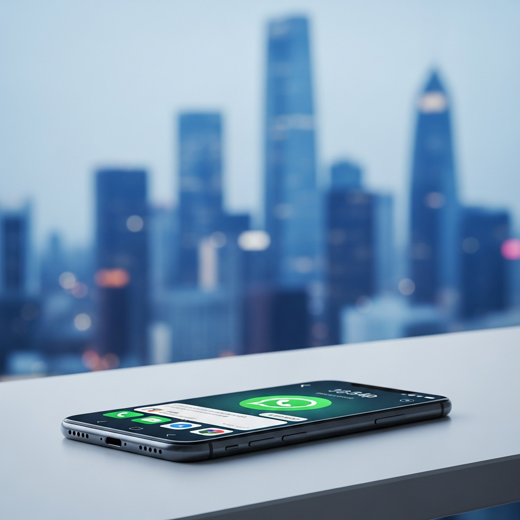 - Un smartphone moderne et élégant posé sur un bureau minimaliste avec un arrière-plan flou représentant un paysage urbain