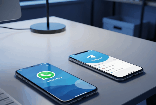 -        in the  Create a of a modern desk with two smartphones one with WhatsApp and one with Teleg