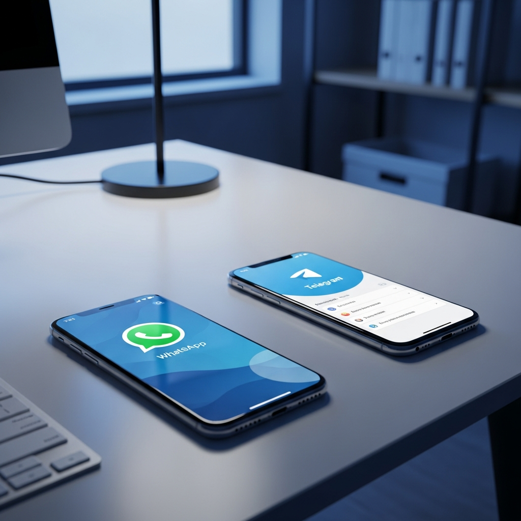 - dans le Créer un bureau moderne avec deux smartphones, l'un avec WhatsApp et l'autre avec Telegram