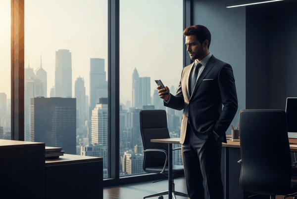 - in der Erstellen Sie ein modernes Büro mit einem Geschäftsmann, der ein Smartphone hält und von c umgeben ist