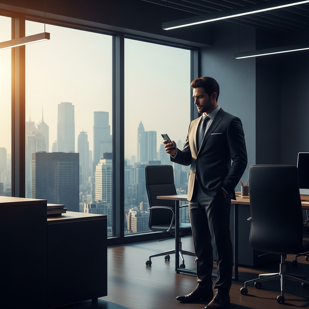 - Créez une image d'un bureau moderne avec un homme d'affaires tenant un smartphone entouré de c