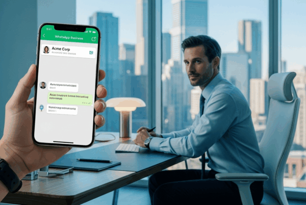 - im Projekt „Ein modernes Büro gestalten“ mit einem Geschäftsmann, der ein Smartphone nutzt und WhatsApp präsentiert