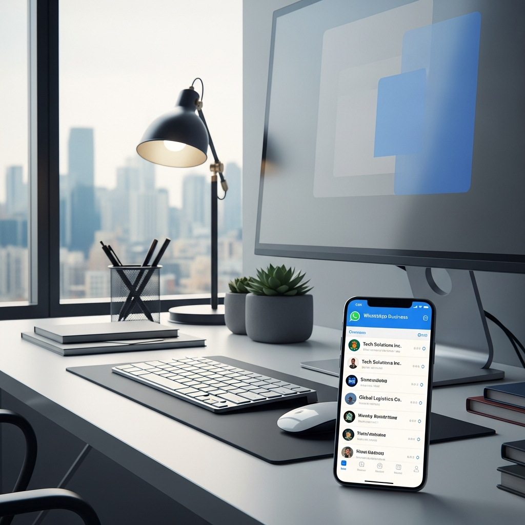 -        in the  Create a of a modern office workspace with a smartphone displaying WhatsApp Busines