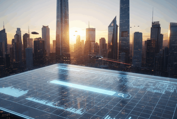 - in der Generierung einer futuristischen Stadtlandschaft bei Sonnenuntergang mit einer massiven Suchmaschinenschnittstelle