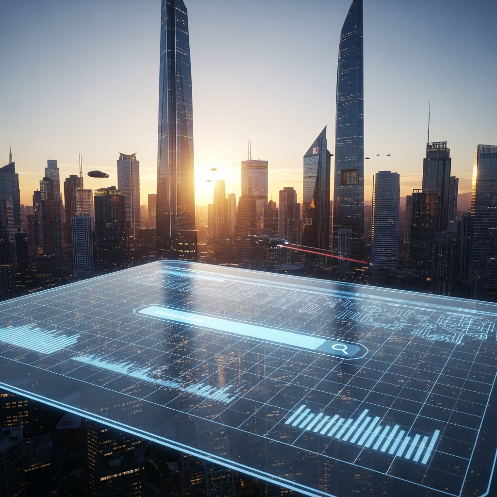 - Générer une image d'un paysage urbain futuriste au coucher du soleil avec une interface de moteur de recherche massive