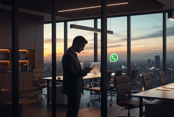 - en el Generar una de una oficina moderna con un hombre de negocios al fondo usando WhatsApp o