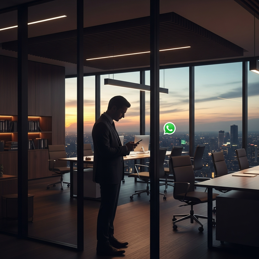 - Générer une image d'un bureau moderne avec un homme d'affaires en arrière-plan utilisant WhatsApp ou