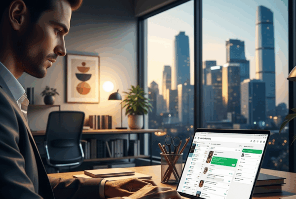 - in der Generierung eines modernen Büros mit einem Unternehmer, der an einem Laptop arbeitet WhatsApp Busi