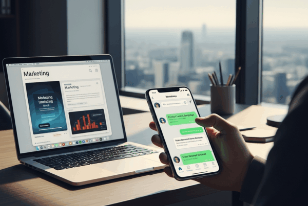 - in the Generate a of a modern office with a laptop and smartphone on a sleek desk softly l