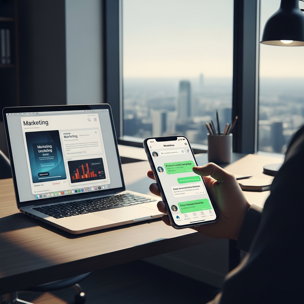 - dans le Générer une image d'un bureau moderne avec un ordinateur portable et un smartphone sur un bureau élégant en douceur