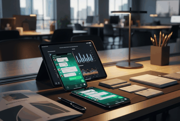 -        in the  Generate a of a modern office with a smartphone displaying WhatsApp on a desk surro