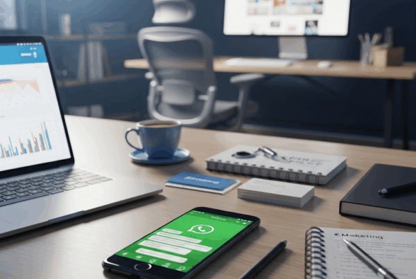 - in the Generate a of an office with a smartphone on a desk displaying WhatsApp on its screen