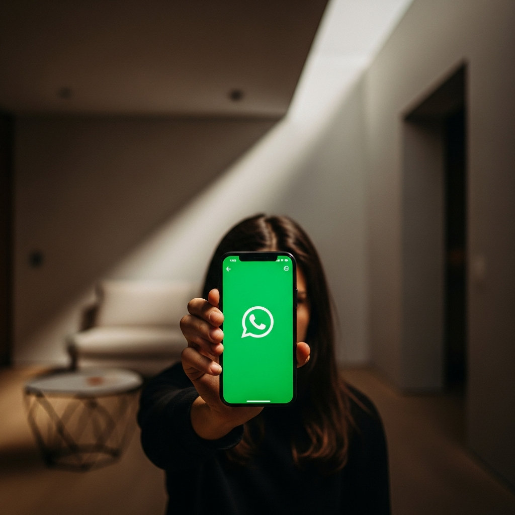 -        in the  Generate a of a person hiding behind a smartphone with WhatsApp open in a modern mi