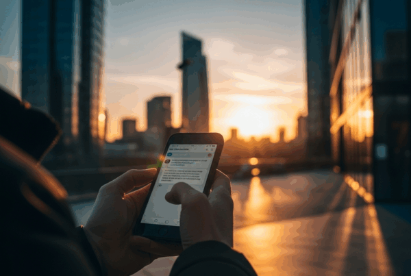 - in the Generate a of a person holding a smartphone with a text message on screen set in a