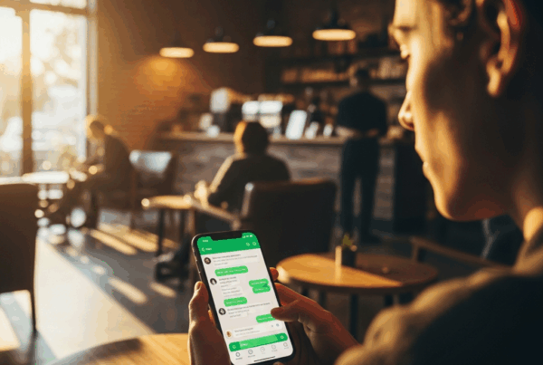 - in the Generate a of a person holding a smartphone with WhatsApp open in a modern minimali