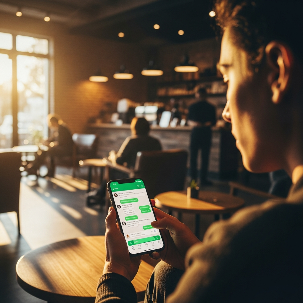 - dans la Générer une image d'une personne tenant un smartphone avec WhatsApp ouvert dans un café moderne