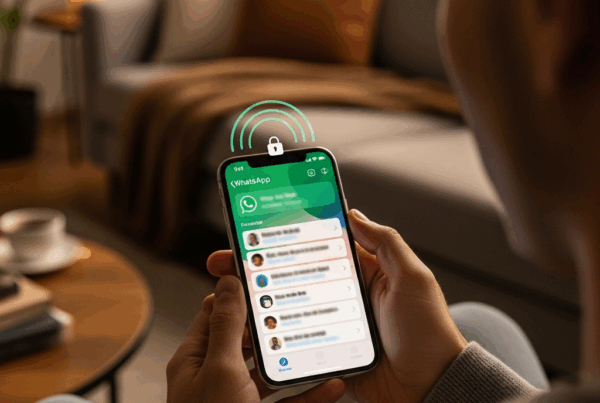 - Generar una imagen de una persona sosteniendo un iPhone con WhatsApp abierto en una sala de estar moderna