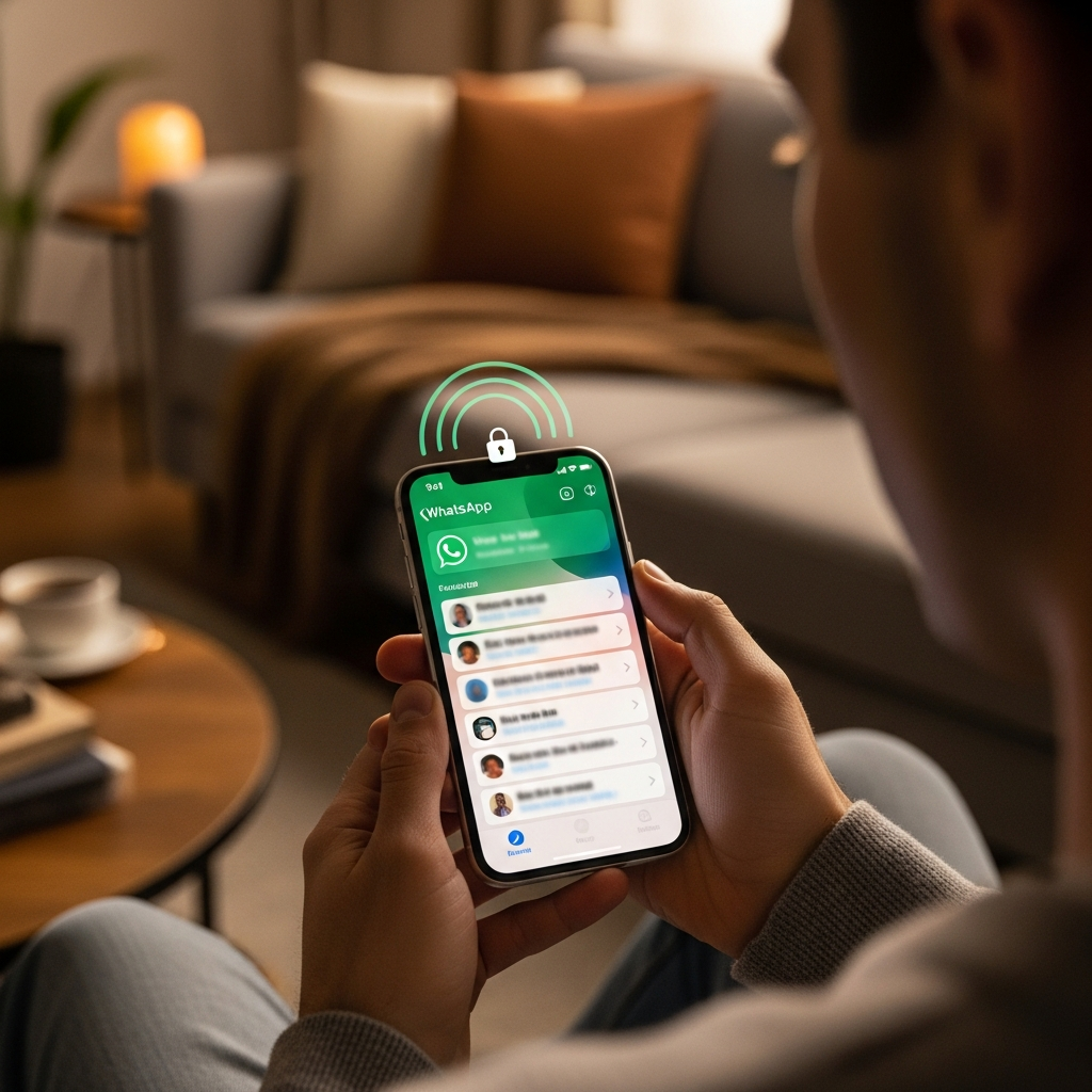 -        in the  Generate a of a person holding an iPhone with WhatsApp open in a modern living room