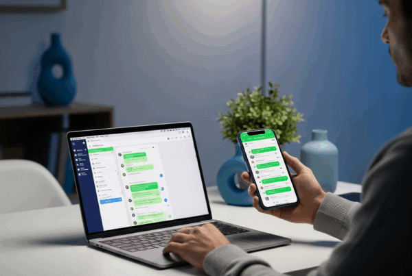 - in der Generiere ein Bild einer Person, die an einem minimalistischen Schreibtisch mit Laptop und Smartphone sitzt, wenn