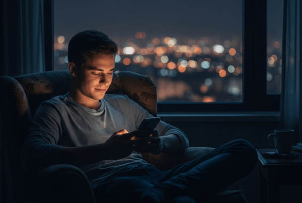 - en la Generación de una imagen de una persona sentada en una habitación con poca luz escribiendo en su teléfono con un sub