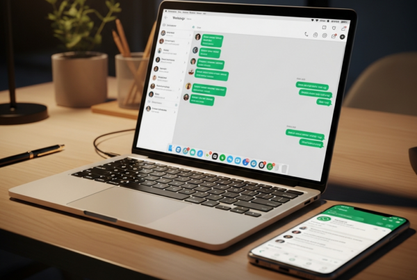 -        in the  Generate a of a modern office with a laptop and smartphone displaying WhatsApp on a