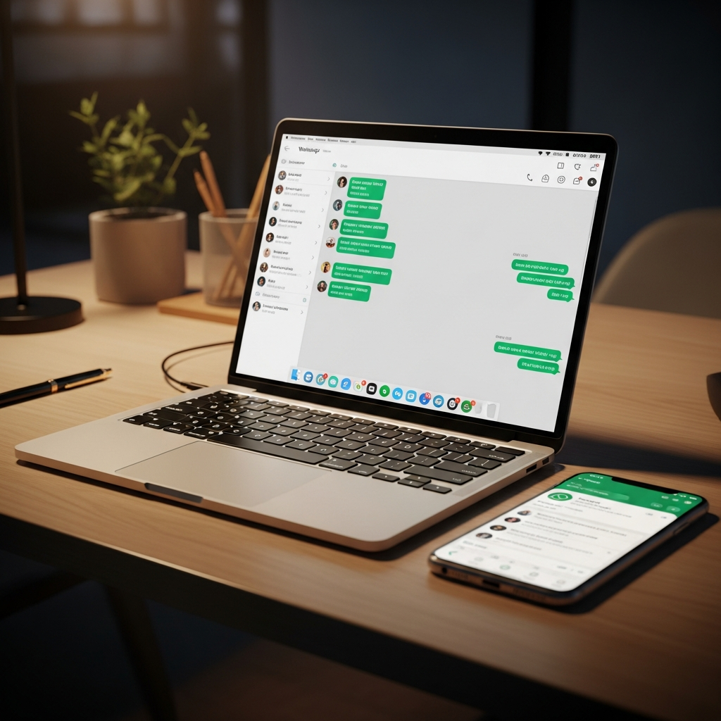 -        in the  Generate a of a modern office with a laptop and smartphone displaying WhatsApp on a
